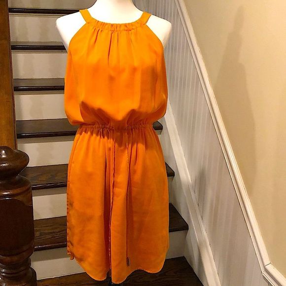 BANANA REPUBLIC Tangerine Sleeveless Cinched Waist Flowy Midi Dress NWOT Size 10 - Picture 3 of 15